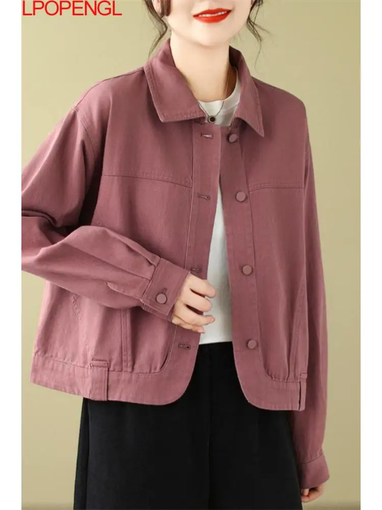 

Women's Autumn Retro Casual Versatile Long-sleeved Turn-down Collar Denim Jacket Single Breasted Wide-waisted Streetwear Coat