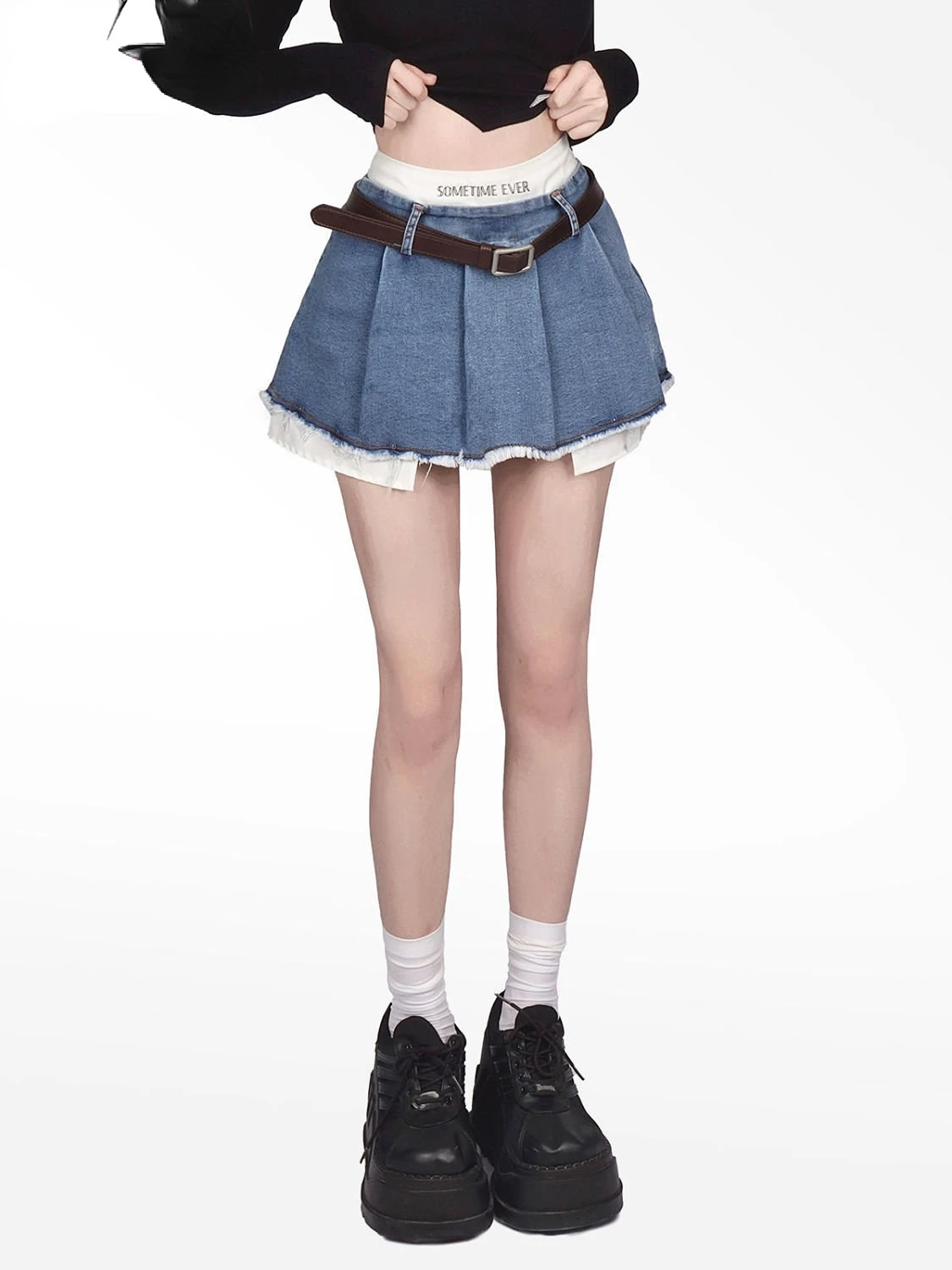 

Fake Two Pieces Denim Skirts with Lining Women Mini Summer Chic Sexy Girls Preppy Ulzzang Ins Pleated Irregular Y2k Streetwear