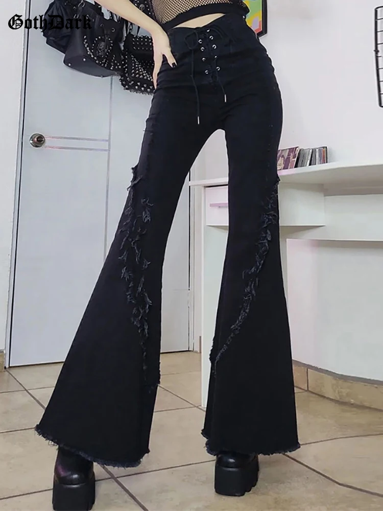 

Goth Dark Mall Gothic Bandage Women Denim Flare Pants Low Waist Grunge Black Eyelet Tassel Trousers Fashion Patchwork Streetwear