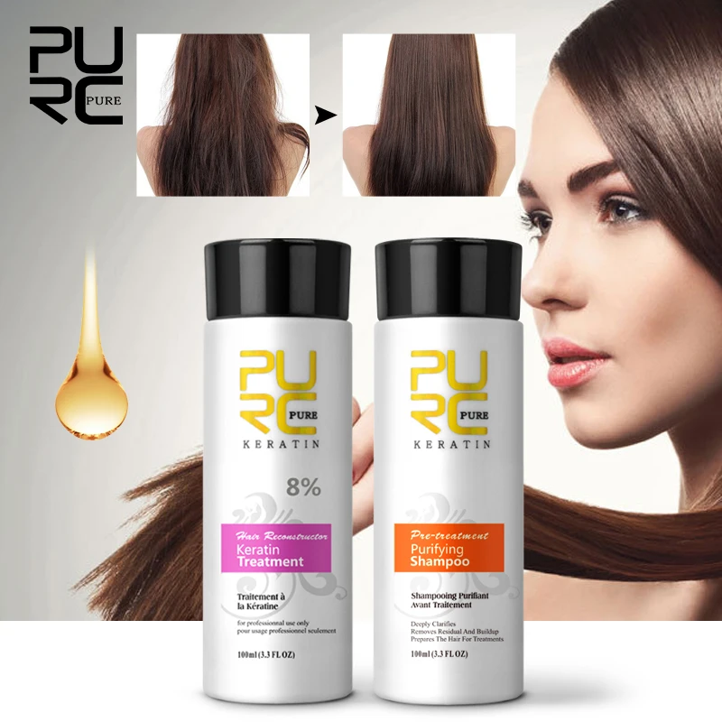 

PURC Keratin Set 8% Formalin Keretin Treatment 100ml and Purifying Shampoo &10ml Argan Oil Make Hair Smoothing and Shine
