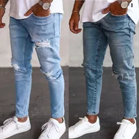 Streetwear Slim Fit Stretch Jeans for Men Classic Blue Washed Ripped Denim Trousers Male Fashion Casual Pencil Pants Jeans Boys
