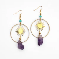 natural irregular purple quartz crystal sun earrings witch jewelry boho birthday magic ladies fashion jewelry gifts