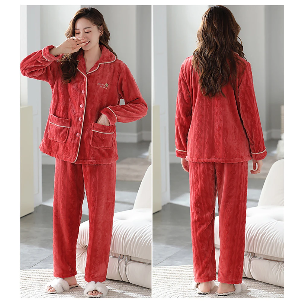 Winter Elegant Embroidery Women's Sets Flannel Home Clothes Christmas Pajamas for Women Sleepwear Suit Female pyjama pour femme