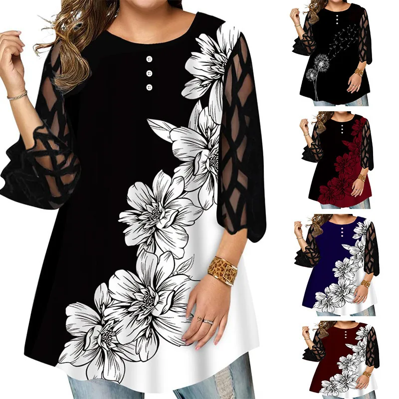 

Women Lace Patchwork 3/4 Sleeve Tops Ladies Buttons Round Neck T Shirt Loose Floral Printed Casual T-Shirts 2022