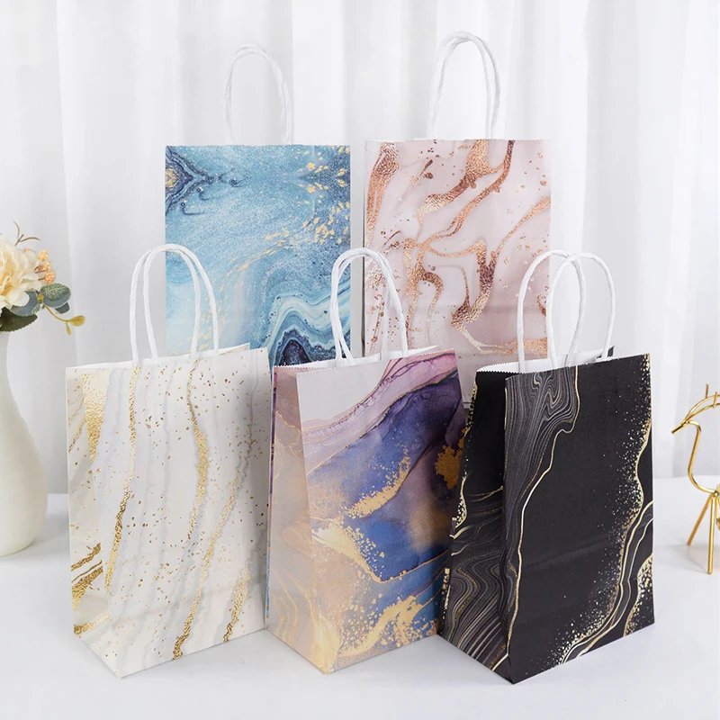 

5pcs Marble Portable Kraft Paper Bag Wedding Favor Shopping Packing Bag Birthday Baby Shower Cookie Candy Gift Wrapping Supplies