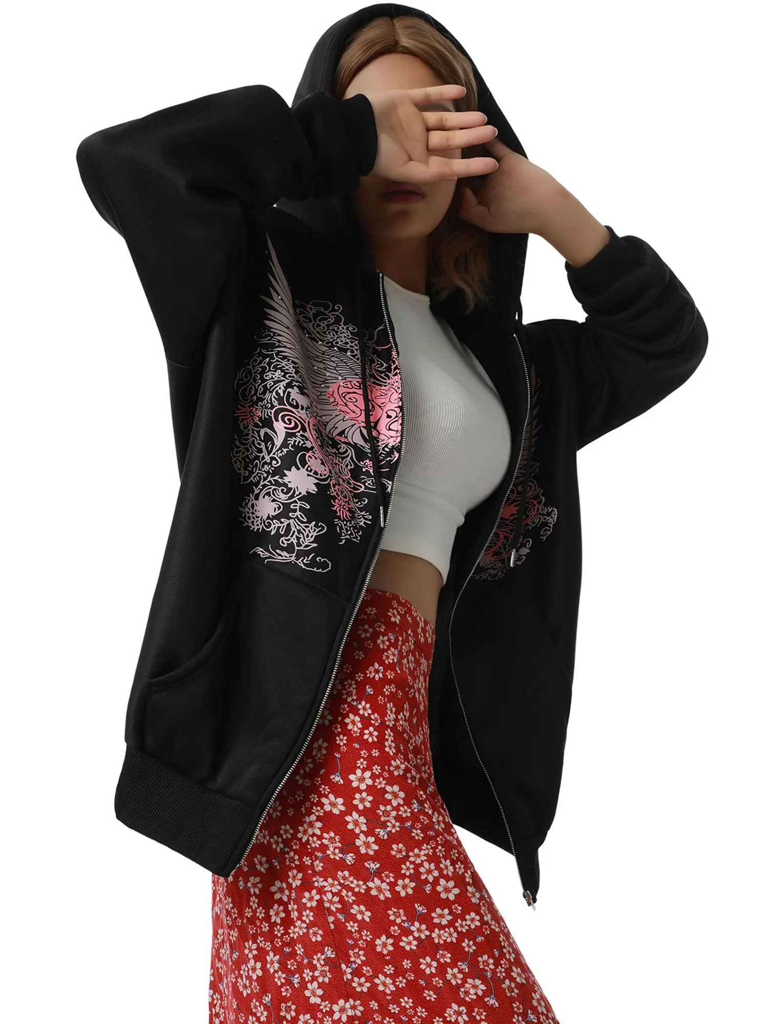 

Women Sweatshirts Full Zip Rhinestone Hoodies Autumn New Casual Long Sleeve Heart Wings Print Fit Cardigan