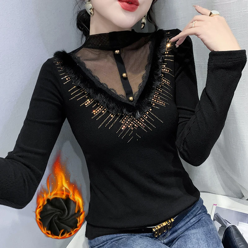 

Fall Winter Clothes Brushed Cotton T-Shirt Chic Sexy Patchwork Mesh Shiny Diamonds Tops Women With Fleece Silver Fox Wool Tees 0