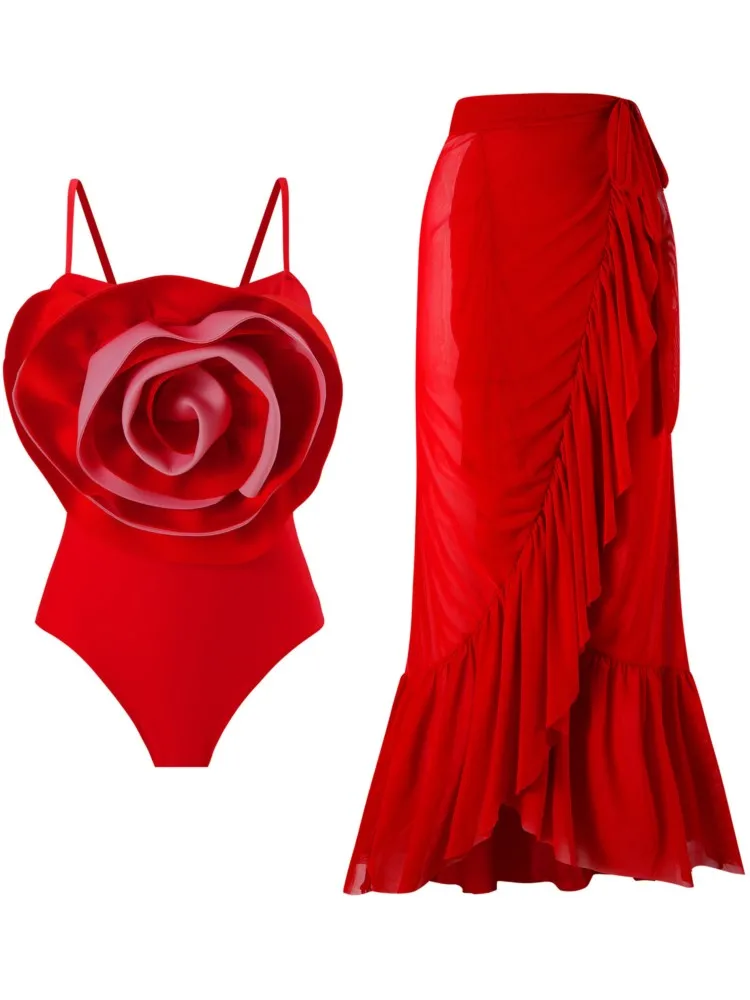 Ретро бикини с принтом модный цельный купальник и накидка юбкой облегающий