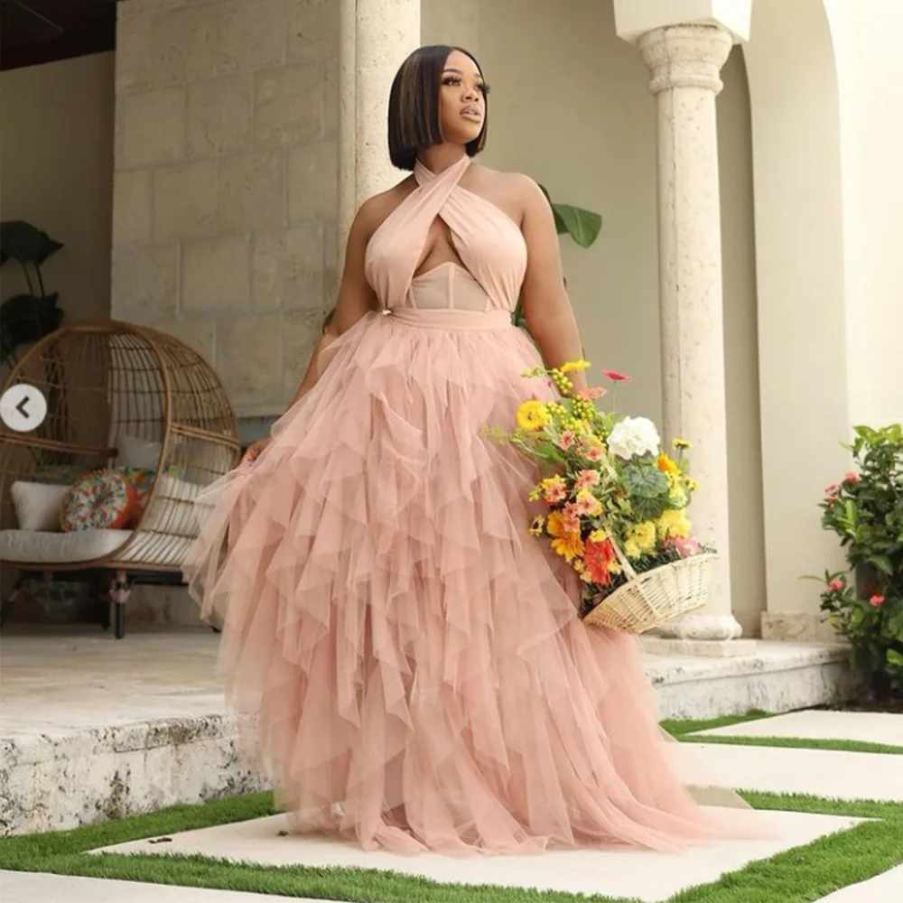 

Fashion Noble Dinner Sleeveless Hanging Neck Cross Waist Hollow-out Splicing Mesh Gauze Multi-layer Bouffant Elegant Dress Pink