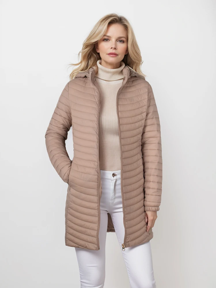 Женская сверхлегкая куртка SANTELON Palto-Down со съемным капюшоном и длинными рукавами