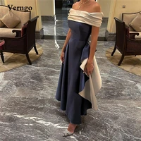verngo vintage navy blue a line evening dresses boat neck sleeves ankle length arabic women formal party gowns prom event dress