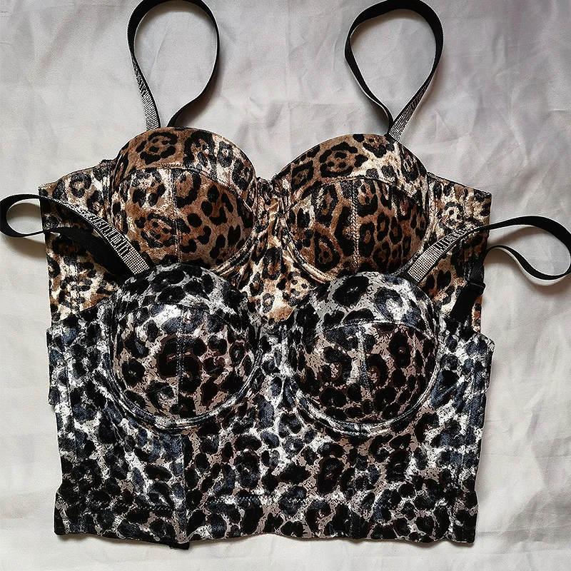

2022 Women Sexy Leopard Underwear Victorian Rhinestones Lingerie Plus Size Bra Autumn Suede Tube Tops Women Camisole Corset