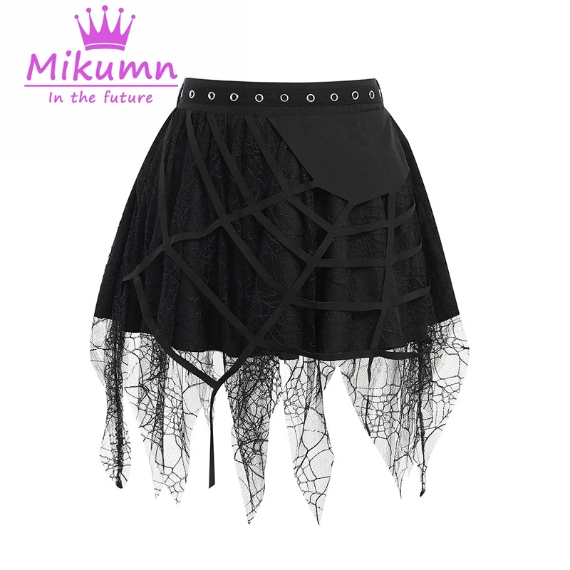 

Готическая гранж-панк винтажная черная паутина кружевная Асимметричная мини-юбка женская уличная одежда