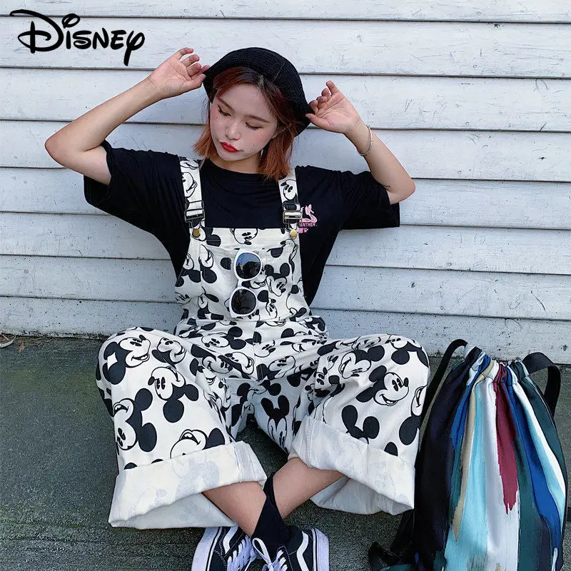 

Женские брюки на бретельках с мультяшным принтом Диснея Микки, корейская мода, студенческий Свободный комбинезон с широкими штанинами Y2k, уличные женские брюки