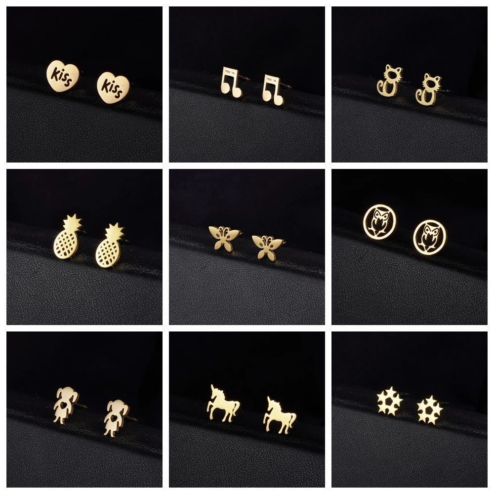 

32 Pairs Mix Wholesale Punk Stainless Steel Stud Earrings for Men Heart Animal Mini Piercing Earrings for Women Hiphop Girls