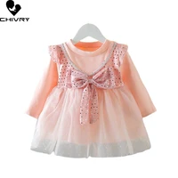 spring autumn 2022 kids baby girls dot bowknot long sleeve a line dress cute fake two pieces lace patchwork princess dresses