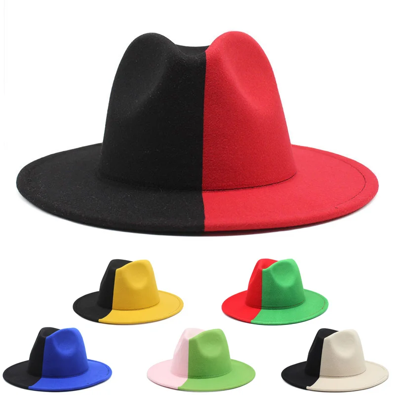 

New Fedora Hat Wool Felt Caps Red Black Patchwork Style Women Men Hats Trilby Hat Derby Cap Luxury Jazz Fedoras Hat