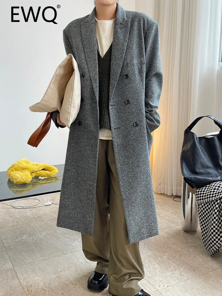 

EWQ Korean Version Loose Trench Coat Long For Women 2023 Spring New Solid Notched Double Breasted High End Female Jacket 26D2402