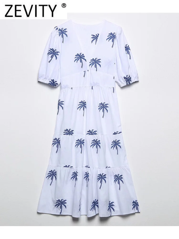 

Zevity Women Vintage Palm Tree Embroidery Casual Slim Midi Dress Female Chic Puff Sleeve Elastic Waist Pleats Vestidos DS1428