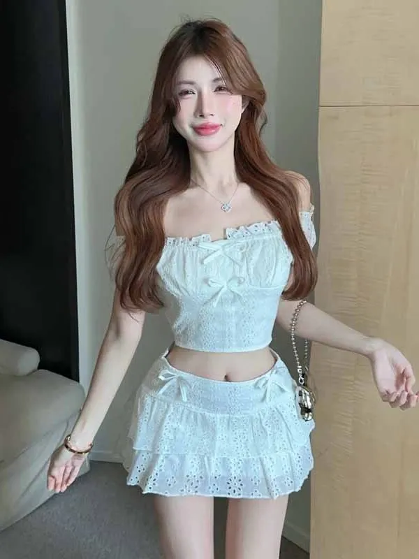 Лето 2024 топ с короткими рукавами и французским милым бантом разрезом на шее +