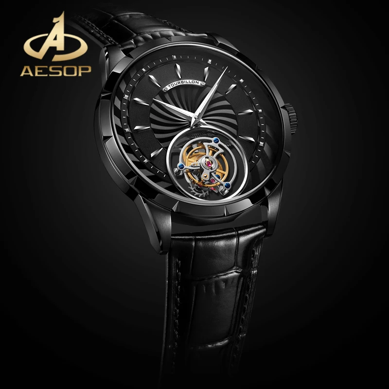 

AESOP Tourbillon Skeleton Mechanical Watch Men Pilot Chronograph Wristwatch Waterproof Sapphire Glass Watches Leather Strap