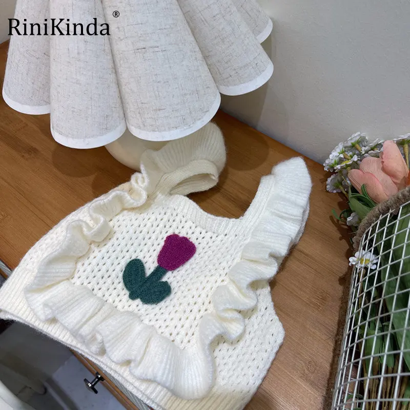

RiniKinda Children's Vest Spring Autumn New Korean Version Girl Small Flying Sleeves Hollow Flower Wool Vest Children Clothes