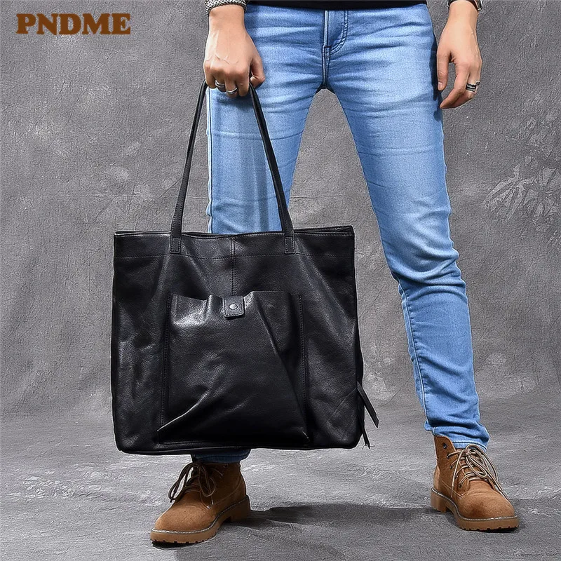 PNDME genuine leather large capacity black tote bag luxury men's handbag casual real cowhide women's work travel shoulder bag