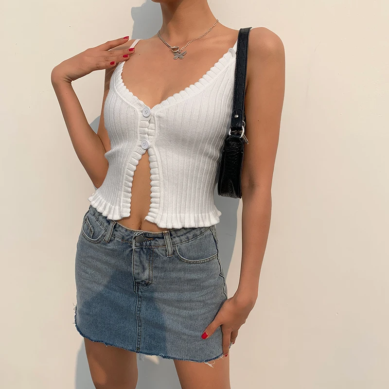 

2021 Y2k Tops White Sleeveless Knit Cami Top Women Split V Neck Sexy Backless Crop Tanks Tops Ladies Elegant Casual Camisole