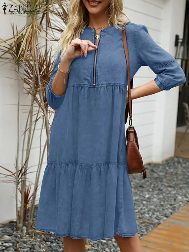 

Платье ZANZEA женское джинсовое с круглым вырезом и рукавом 3/4