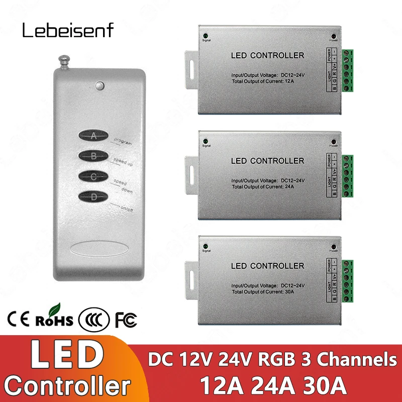 

RF RGB Controller 12A 24A 30A High Power LED Dimmer 3CH DC 12V 24V with 4 Key Remote Control for 5050 2835 Color Light Strip Bar