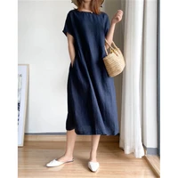 summer new casual women o neck cotton linen solid color fashion dress elegant lady loose dresses