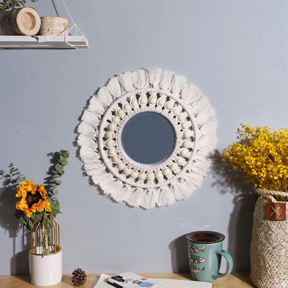 

Woven Fringe Lightweight Macrame Fringe Round Boho Mirror for Bedroom