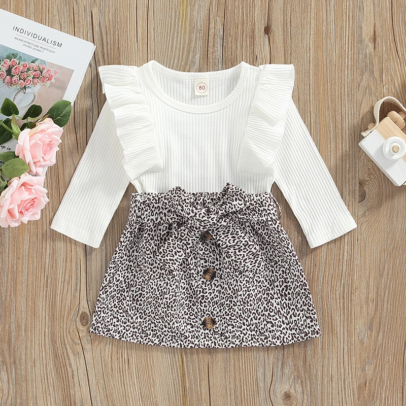 

1-4 Years Girl\u2019s Outfits Two Piece Set Fashion Solid Color Long Sleeve Tops and Leopard Short Skirt Belt