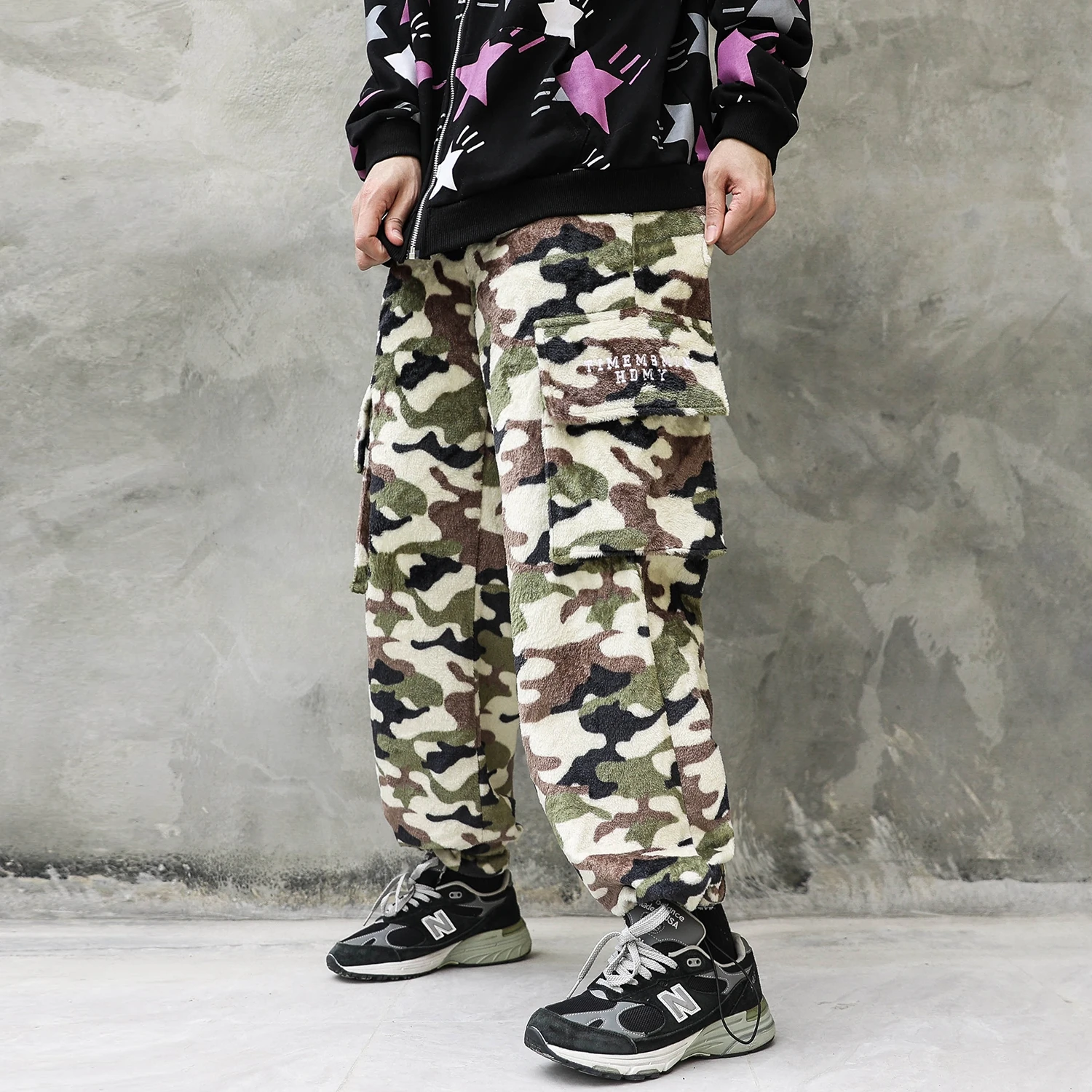 

High Street Joggers Fleece Camouflage Cargo Pants for Men Elastic Waist Spliced Thick Winter Sweatpants Oversized Loose Trousers