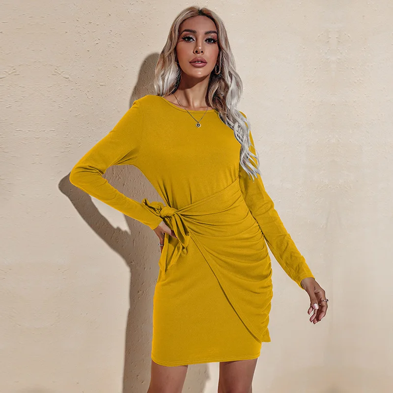 

Women Autumn New Round Neck Long Sleeve Solid Color Dress Mini Skirt Belt Lace Up Concise Pleated Tunic A-line Bodycon Sexy
