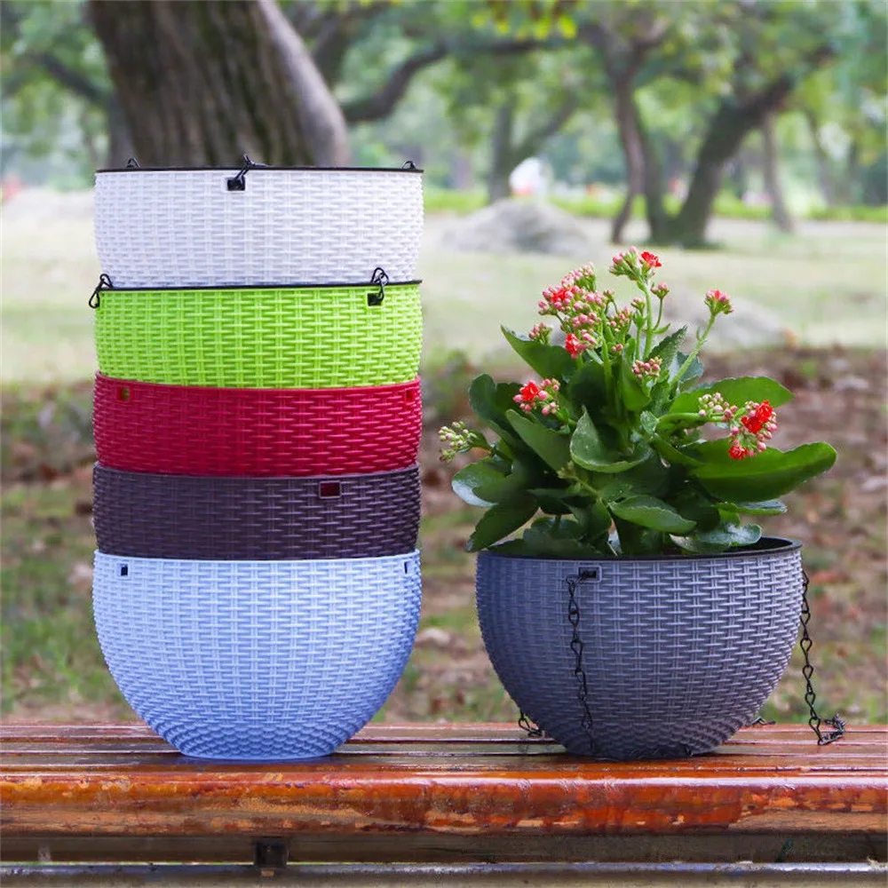 

Plastic woven flower pot with chain hanging basket hanging wall mounted green pot succulent flower balcony thickened resin