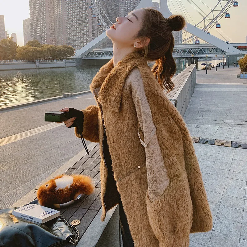 Lamb hair coat for female winter loose thickened retro grain wool coat