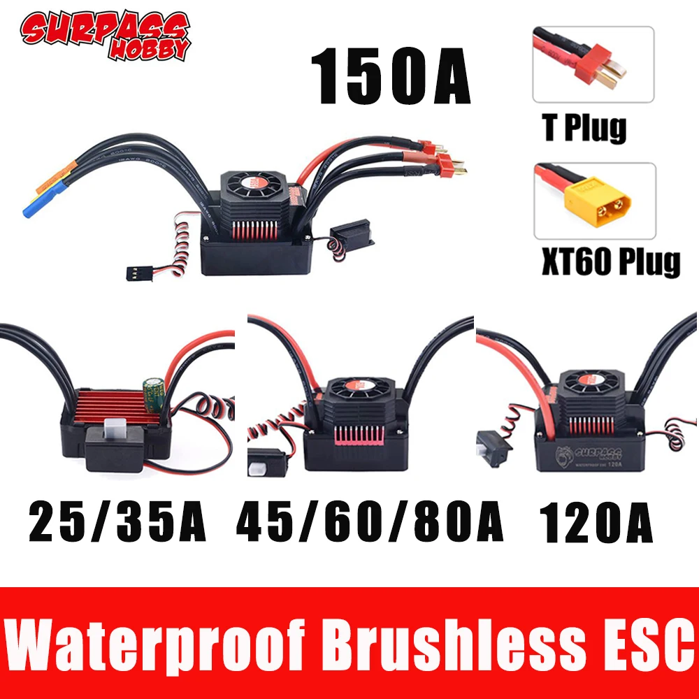 

SURPASS HOBBY Brushless ESC 25A 35A 45A 60A 80A 120A 150A Waterproof 2-6S Lipo with 5-6.1V BEC for 1/8 1/10 1/12 RC Car Rc Motor
