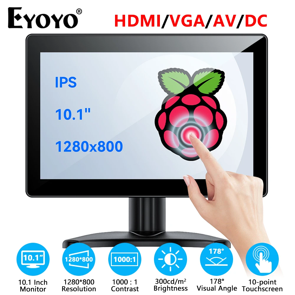 

Монитор Eyoyo EM10T с сенсорным экраном 10 дюймов, дисплей 1280X80 0 IPS, HDMI, VGA, DC, AV, Raspberry Pi, для систем видеонаблюдения, DVD, ПК, ноутбука, с динамиками