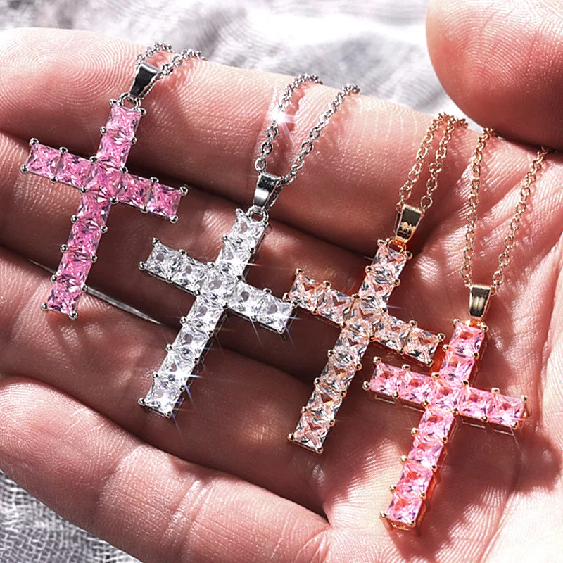

2022 New Retro Gold Silver Pink Color Crucifix Necklace for Women Anniversary Gift Jewelry Wholesale X6647