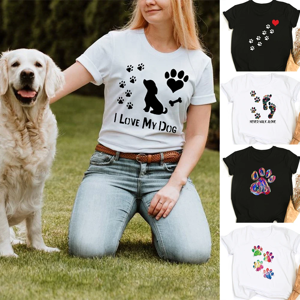 

Never Walk Alone Women Graphic Dog Paw T-shirt Harajuku Cartoon Pet Mom Short Sleeve Female Clothes Tops Tees Camisetas Mujer