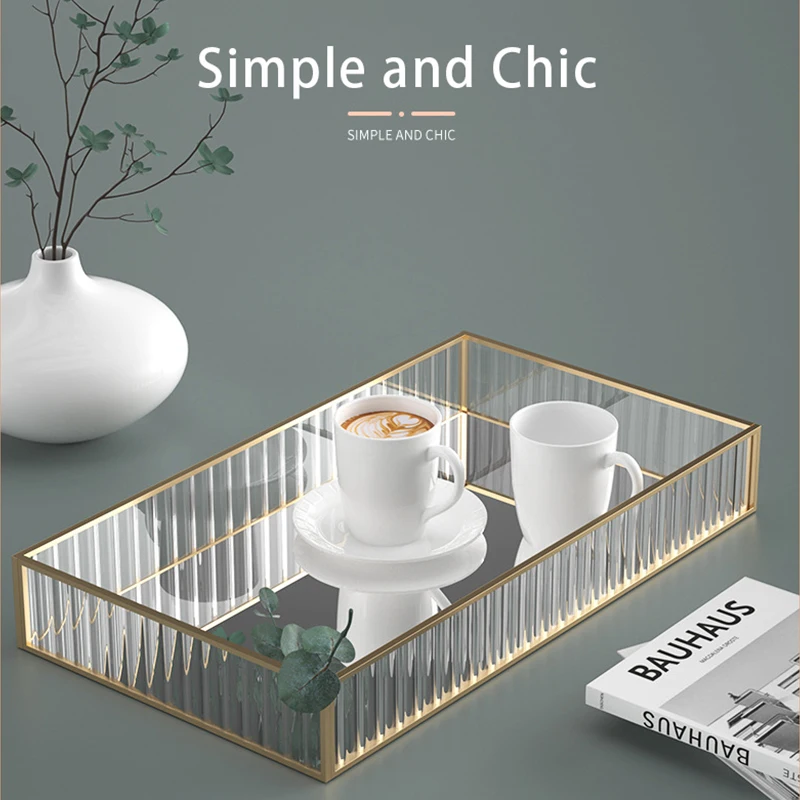 

Стеклянный поднос для хранения в полоску, комод, ящик для хранения косметики, настольное украшение, металлический каркас, лоток для зеркал, ...