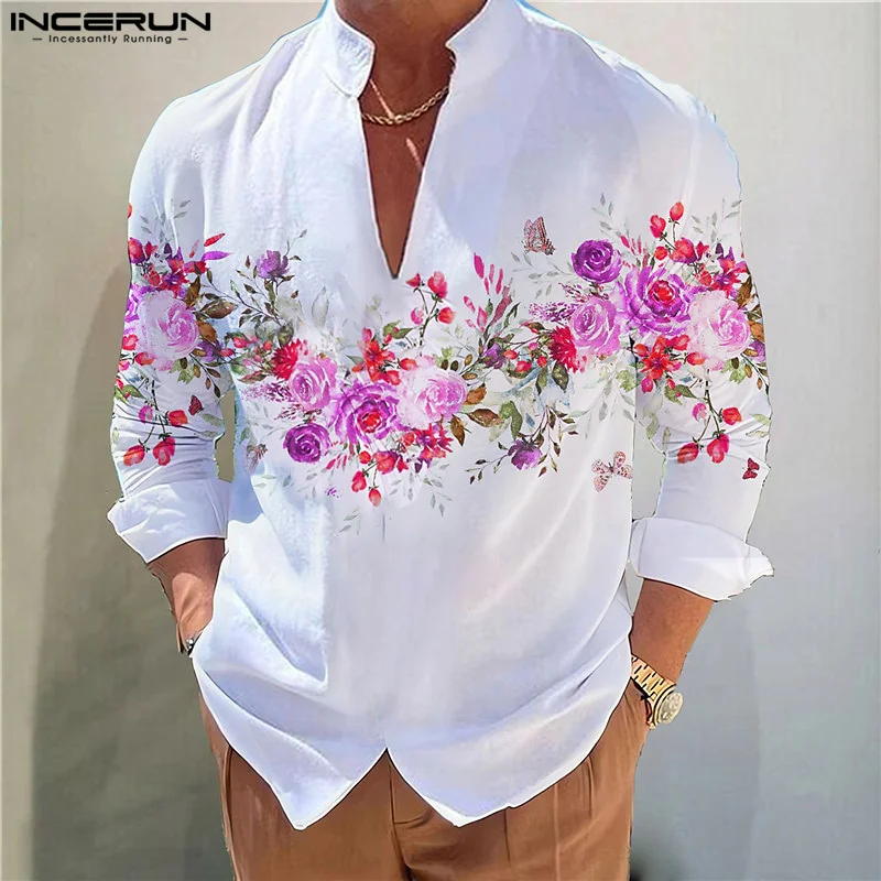 

INCERUN Tops 2023 American Style Fashion Men V-neck Floral Print Shirts Casual Hot Sale Stand Long Sleeved Pullover Blouse S-3XL