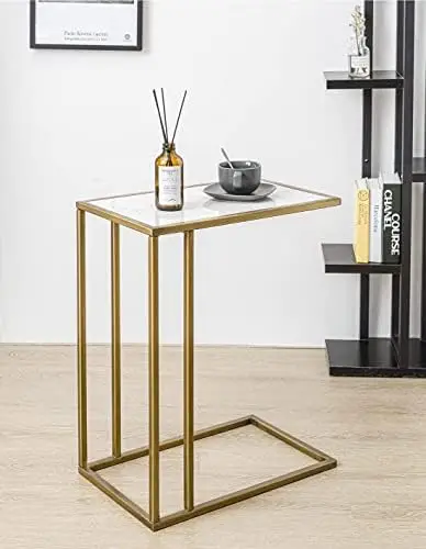 

Round C Shaped End Snack Side Table Slide Under Couch with Marble Top for Sofa Coffee Laptop Living Room Bedroom Small Space, 16