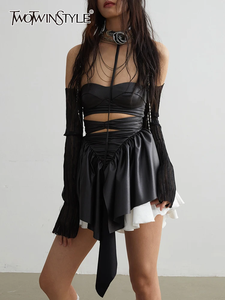 

Женское кожаное платье TWOTWINSTYLE, асимметричное однотонное платье без бретелек, без рукавов, с высокой талией