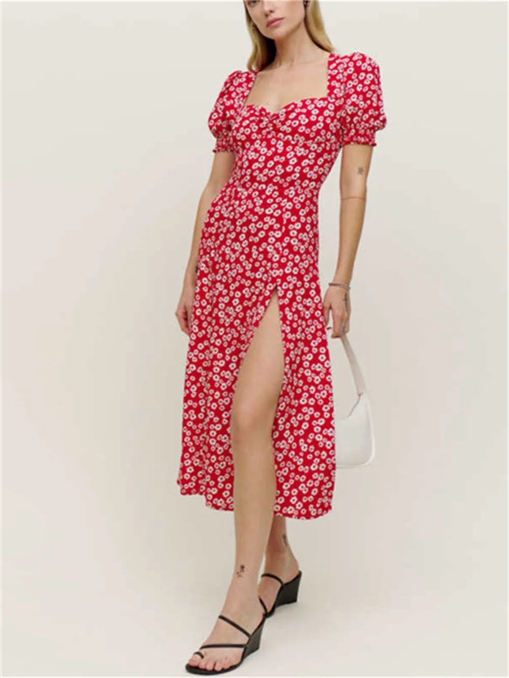 

Women Slit 100% Viscose Midi Robes Red Daisy Print Zipper Square Collar Sweet Puff Sleeve Ladies Summer 2023 Dress