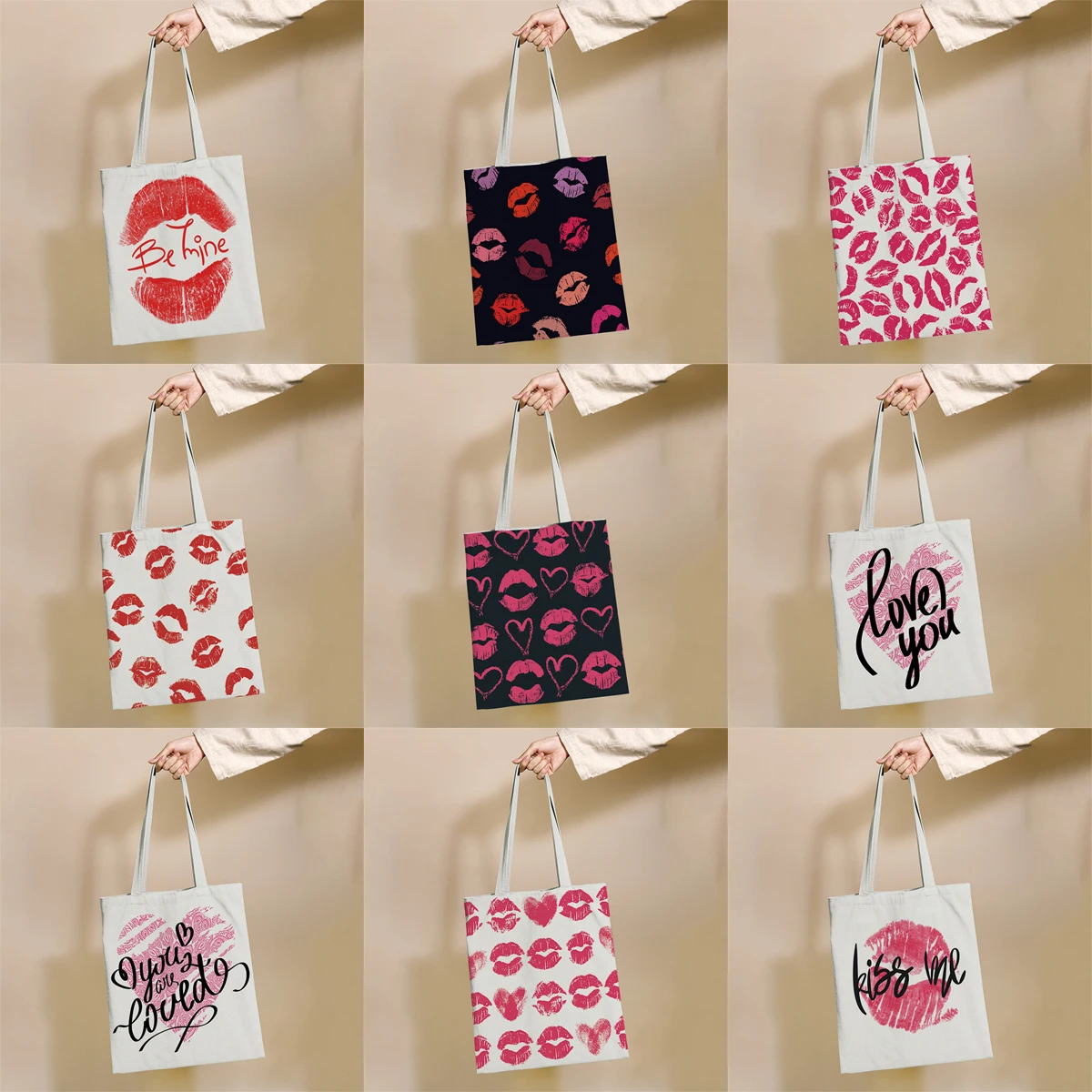 

Valentine's Pink Lip Print Pattern Reusable Shopping Bag Canvas Tote Bags Printing Eco Bag Shopper Shoulder Bags