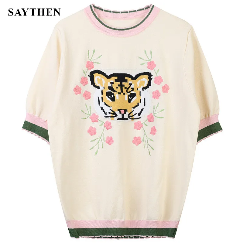 

SAYTHEN 2022 Spring New Flower Tiger Pattern Embroidery Round Neck Short-Sleeved Knitted Sweater Top Niche Design Sweater