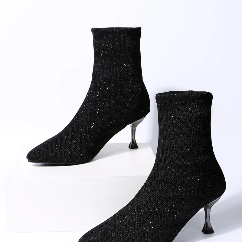 

2022 Spring and Autumn New Women's Boots Pointed Toe Stiletto Fashion Sequins Short Tube Sexy Plus Size Fashion Women's Boots