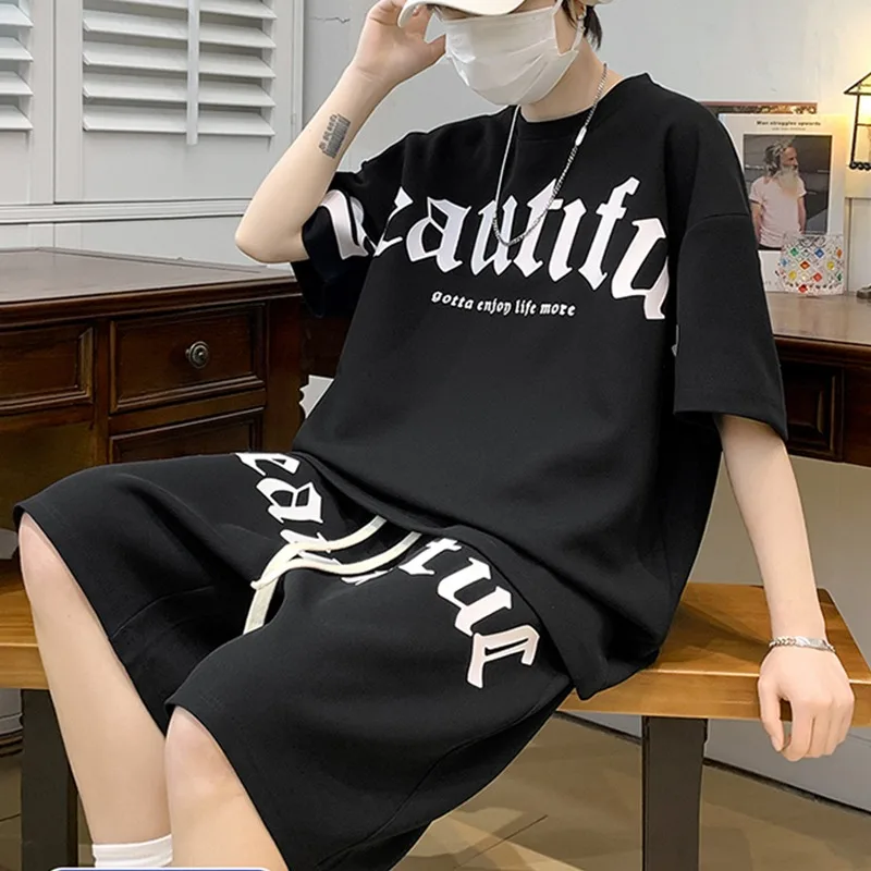 

Мужской комплект из 2 предметов, футболка и шорты, летний спортивный костюм в Корейском стиле Харадзюку, уличная одежда, мужской короткий костюм с буквенным принтом, 2023